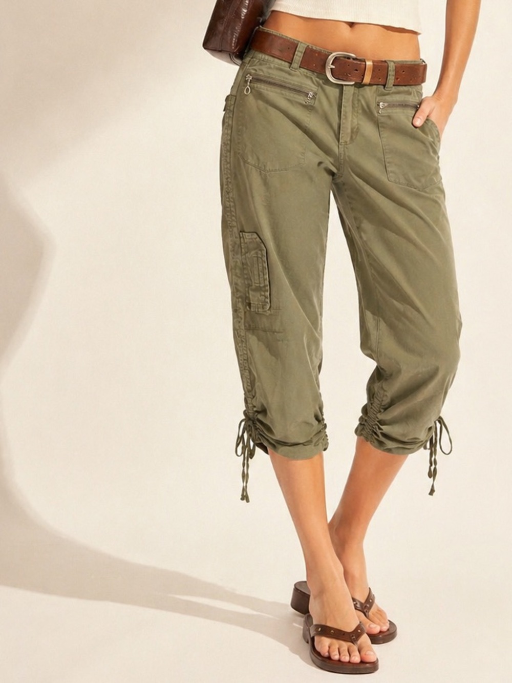 Y2K Utility Cargo Capri Side Stripe Drawstring Hem Ring Pull zips Pockets Sz 12